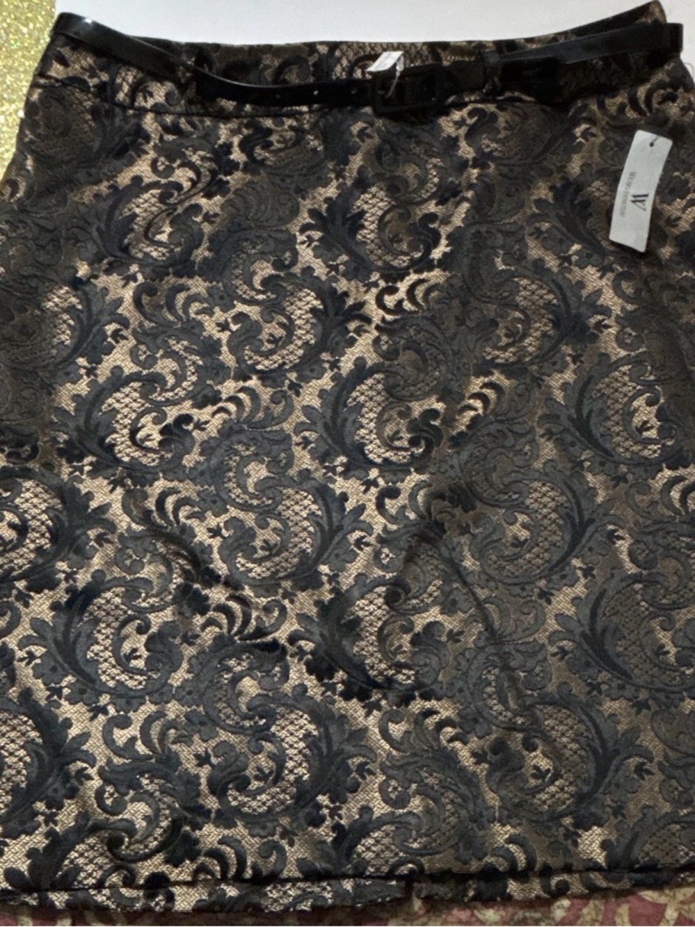 Black Lace Overlay Metallic Gold Pencil Skirt